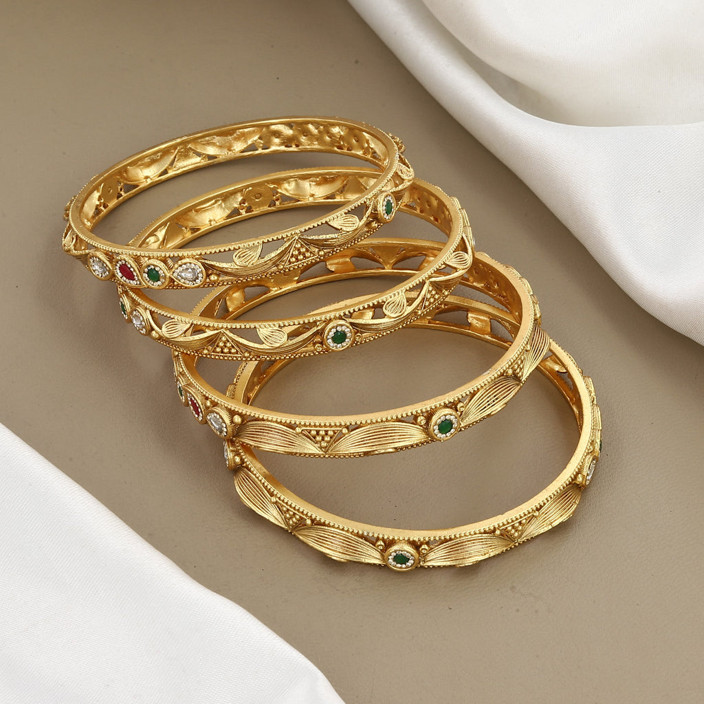 Designer Gold-Plated Leaf Pattern Bangles with Gemstones