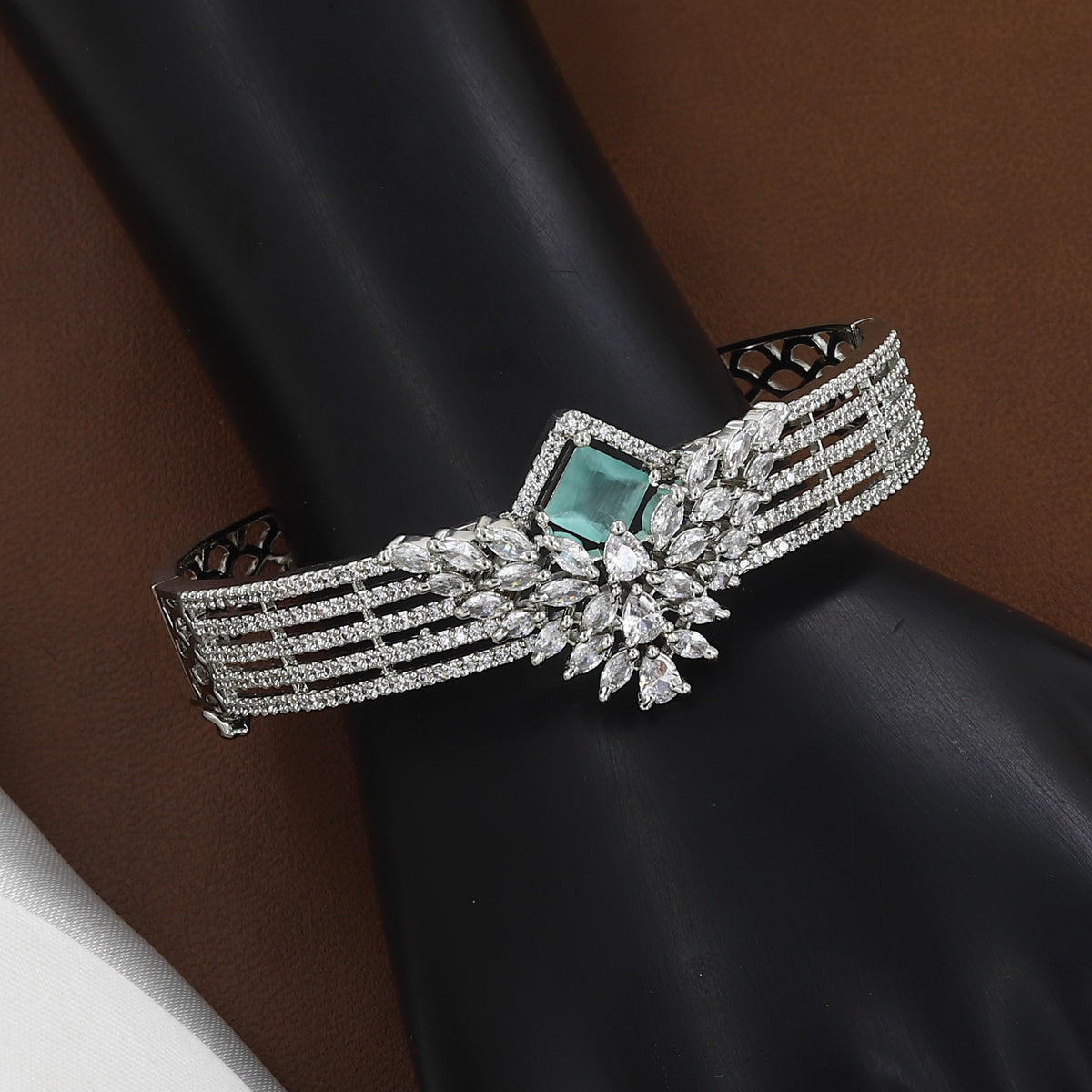 Silver Polished Royal Sapphire & Stone Bangle Bracelet