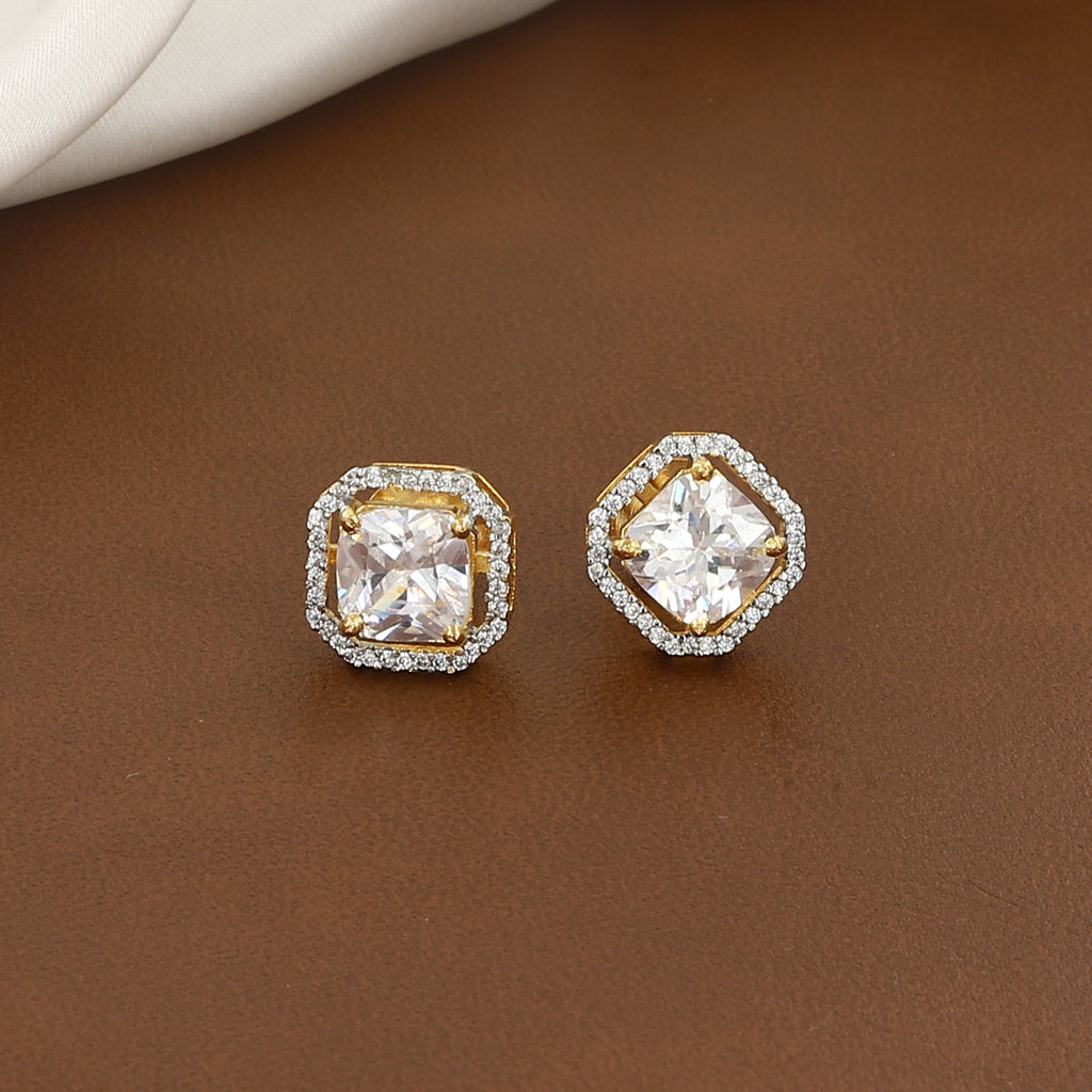 Golden Cushion Cut Solitaire Halo Stud Earrings
