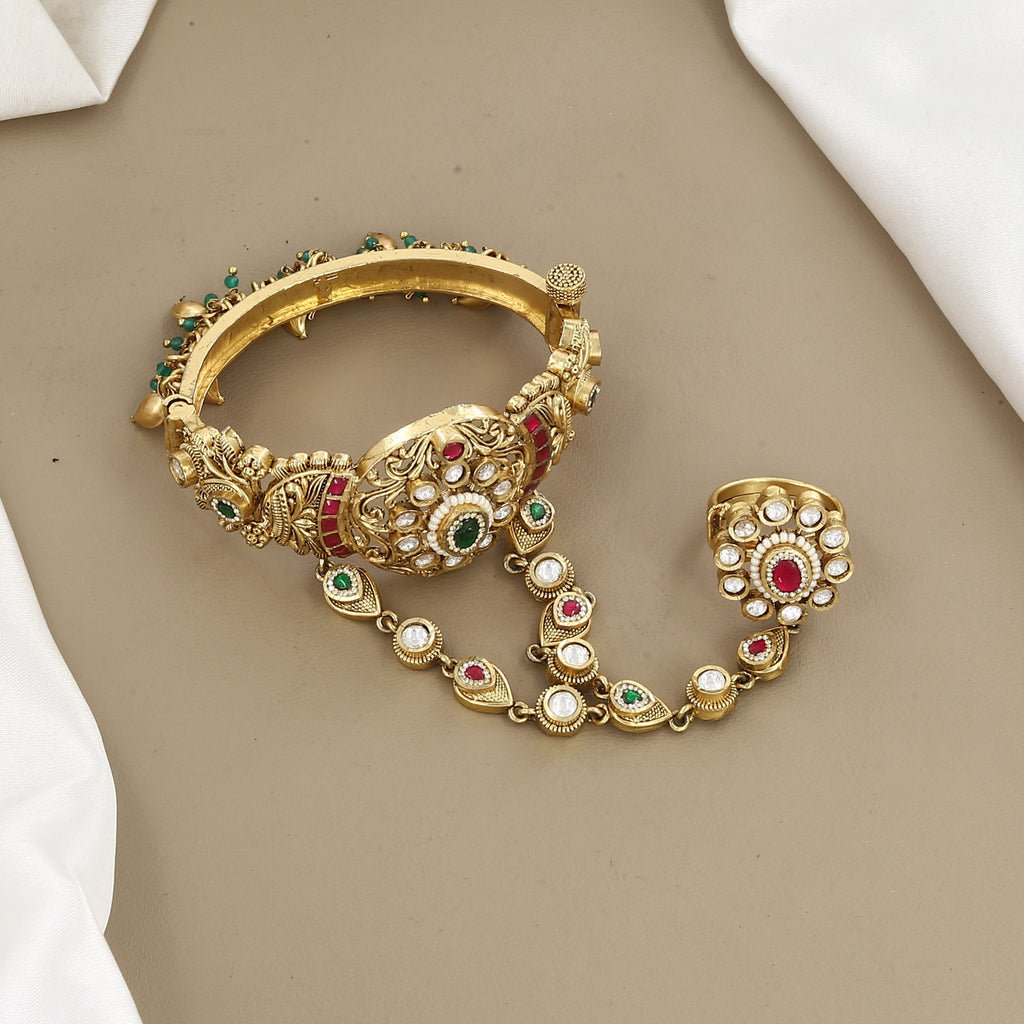 Antique Gold Hathphool with Ruby & Emerald Stones