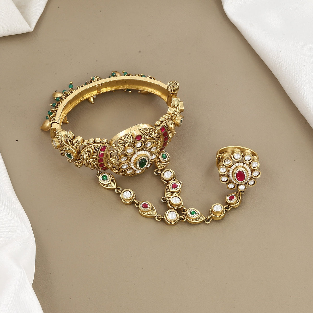 Antique Gold Hathphool with Ruby & Emerald Stones