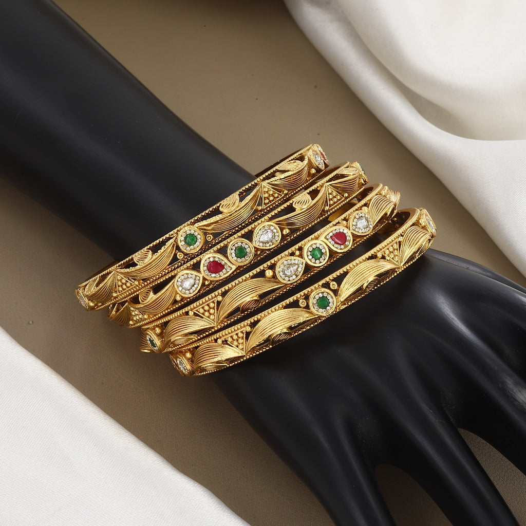 Designer Gold-Plated Leaf Pattern Bangles with Gemstones