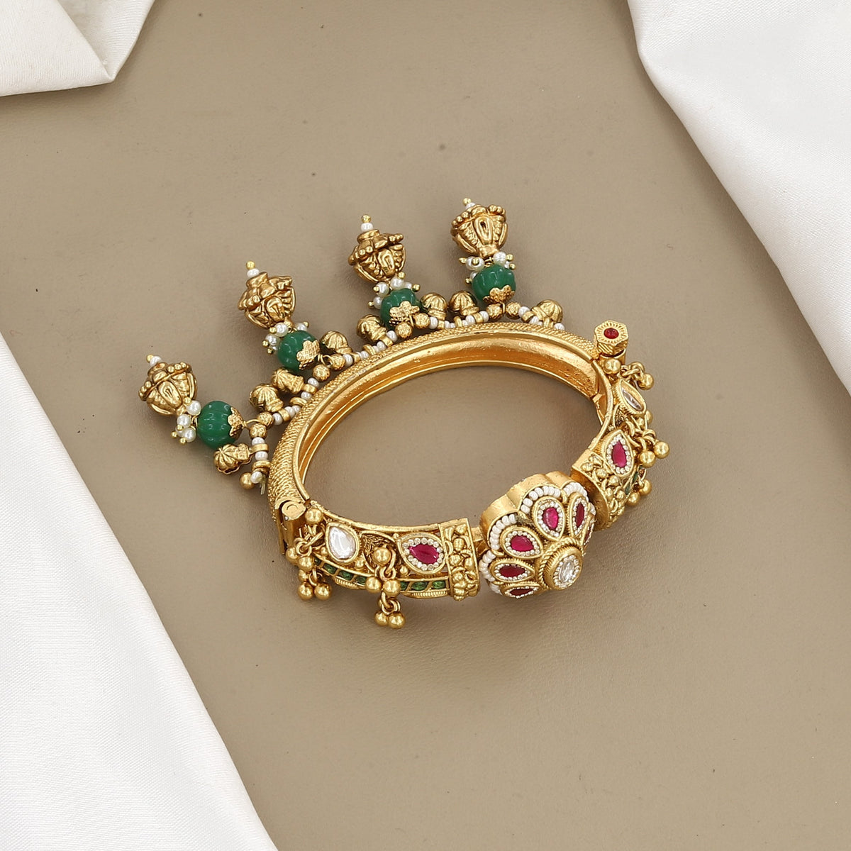 Designer Floral Gold Bracelet with Ruby & Emerald