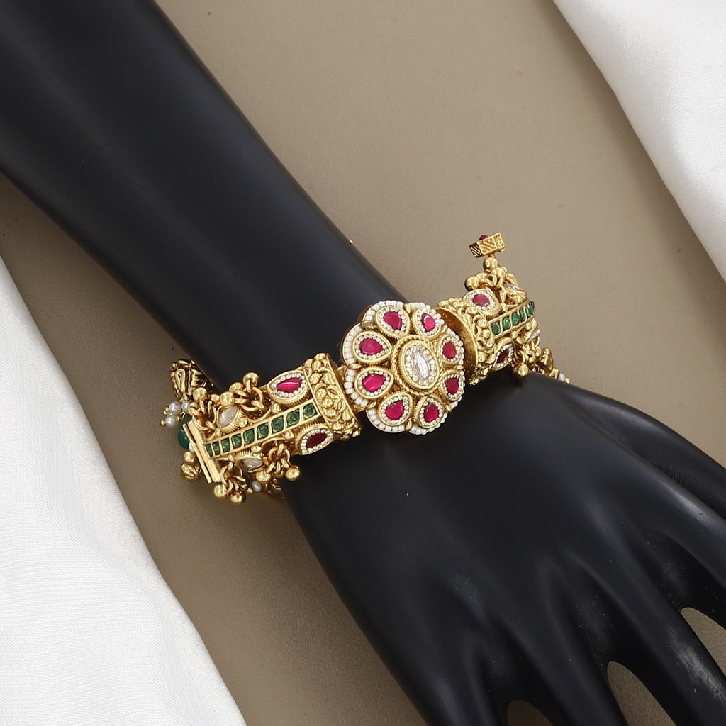 Designer Floral Gold Bracelet with Ruby & Emerald