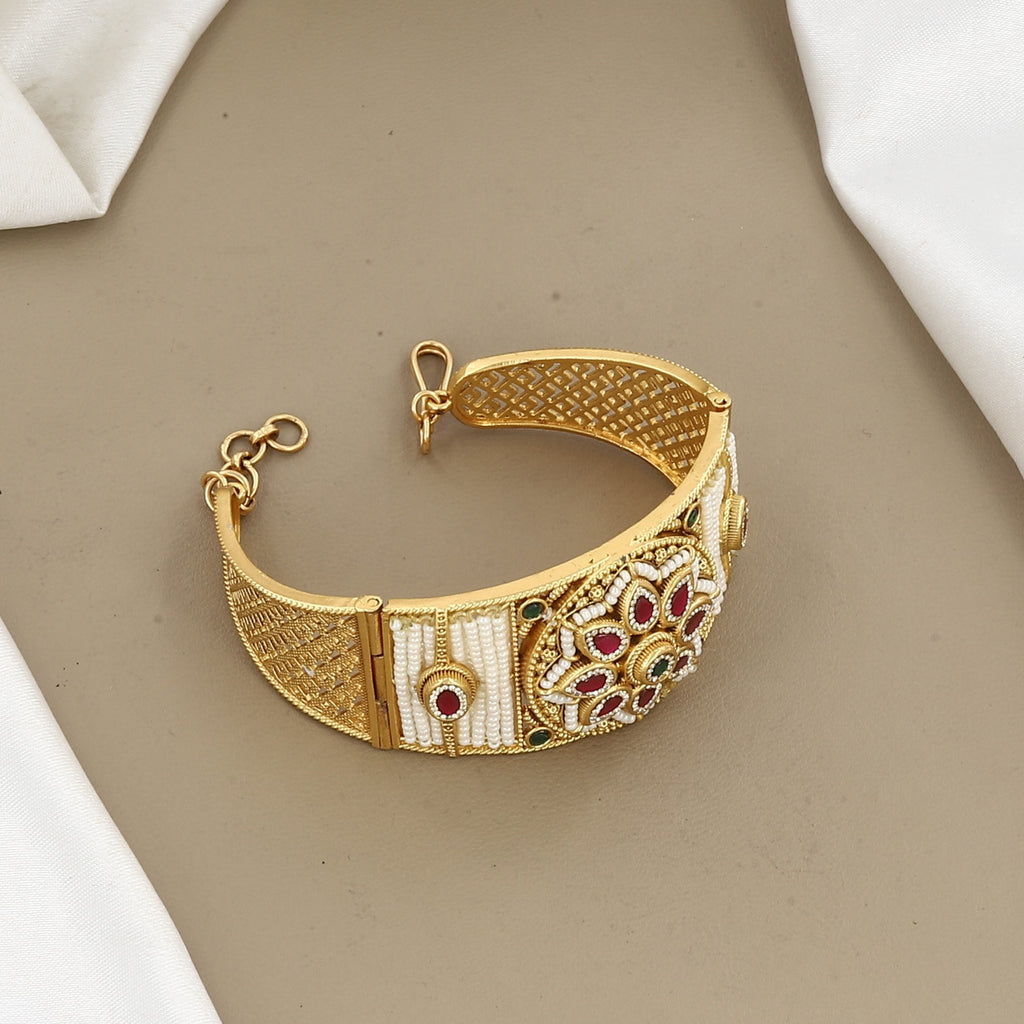 Antique Gold Pearl Kada Bracelet with Ruby & Emerald