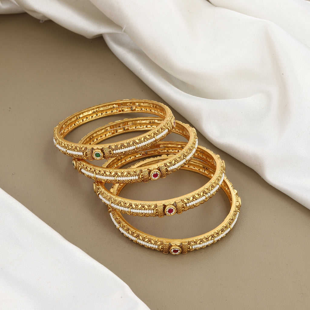 Traditional Gold-Plated Pearl & Gemstone Bangles