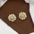 Textured Gold Floral Stud Earrings with Marquise CZ Diamonds