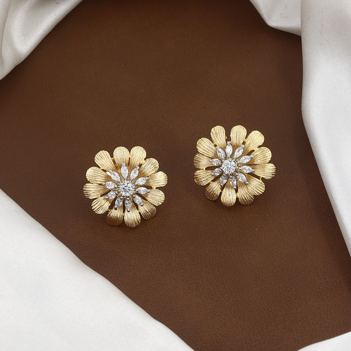 Textured Gold Floral Stud Earrings with Marquise CZ Diamonds