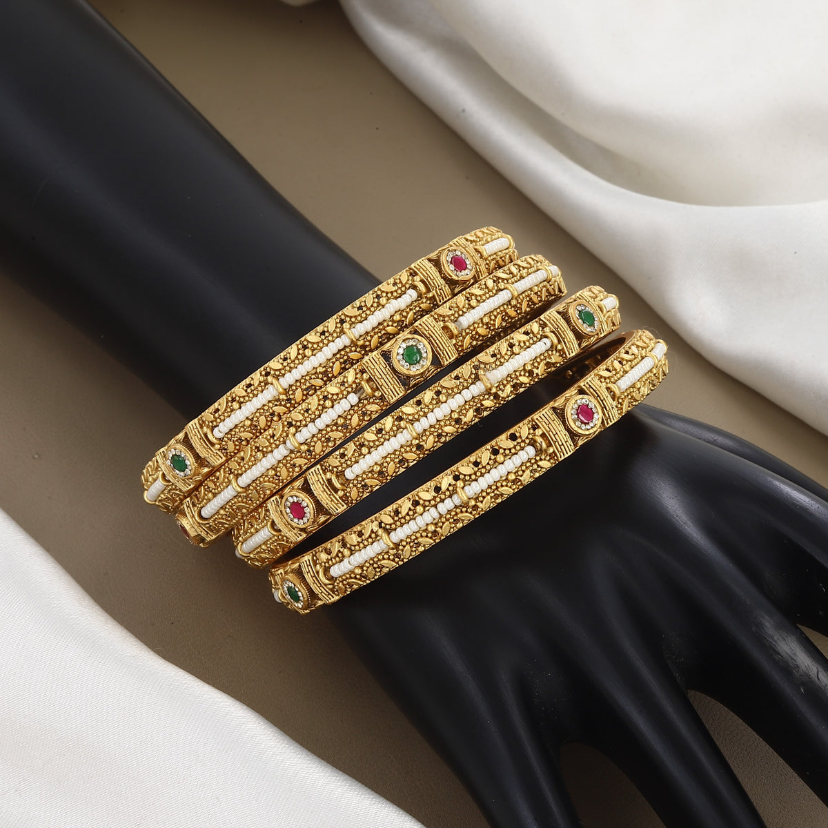 Traditional Gold-Plated Pearl & Gemstone Bangles
