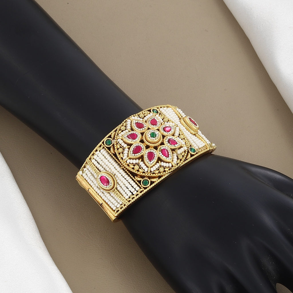 Antique Gold Pearl Kada Bracelet with Ruby & Emerald