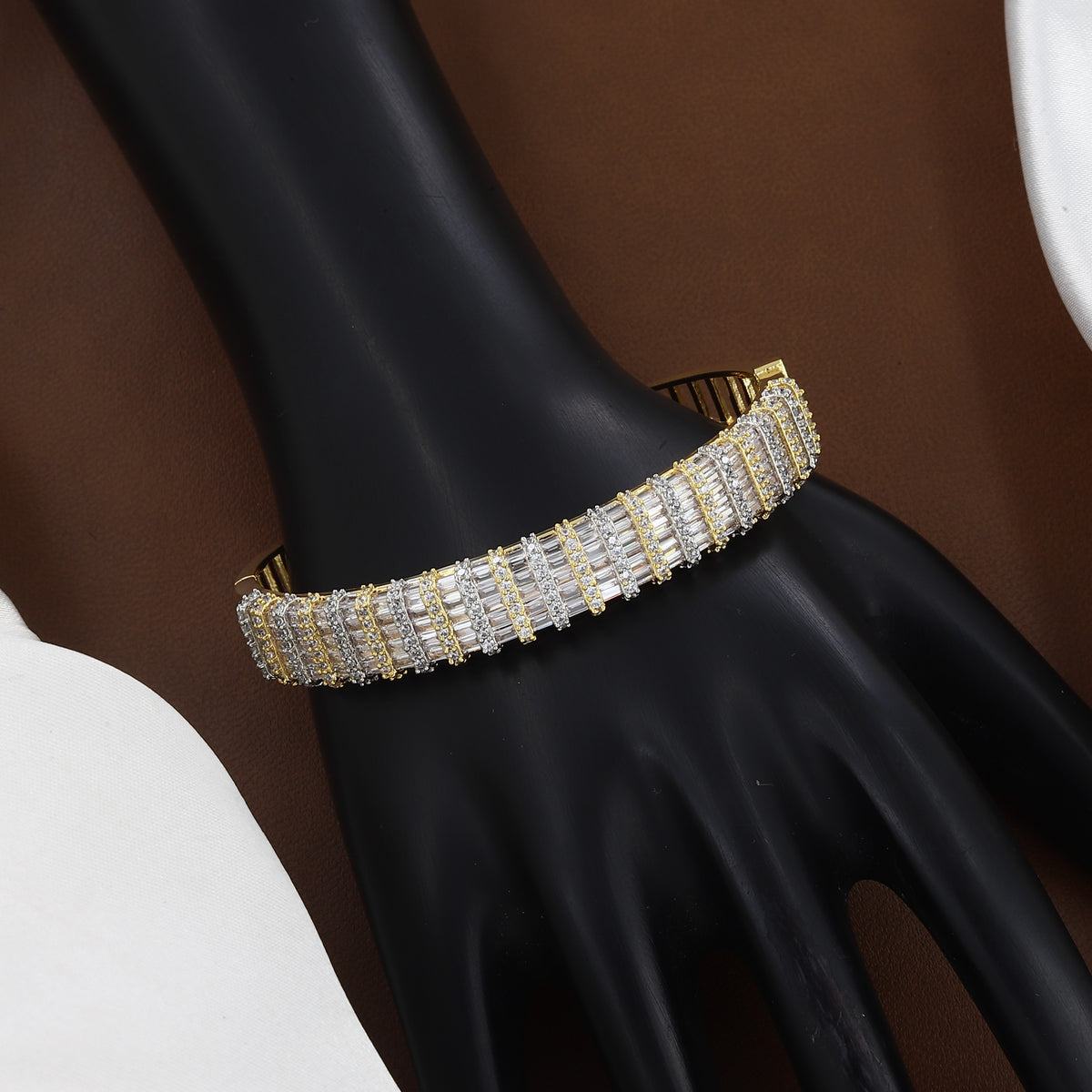 Layered Baguette Diamond Gold Polish Finish Bangle Bracelet
