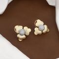 Matte Gold 3-Petal Floral Stud Earrings with Pave CZ Dome