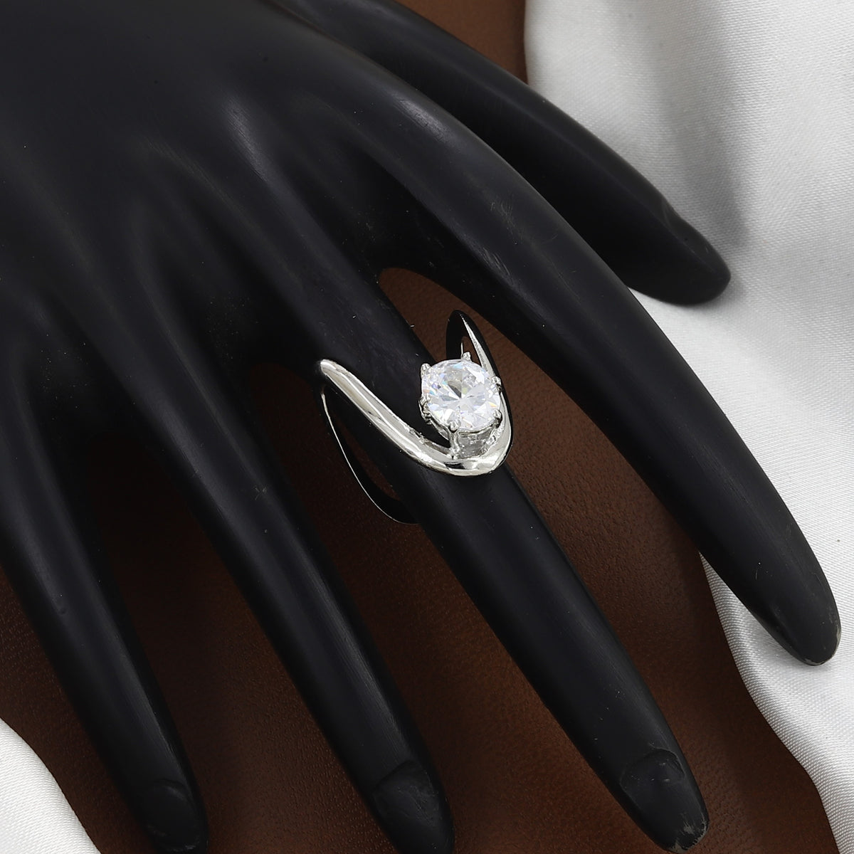 Silver Polished Oval Floating Diamond Wishbone Ring