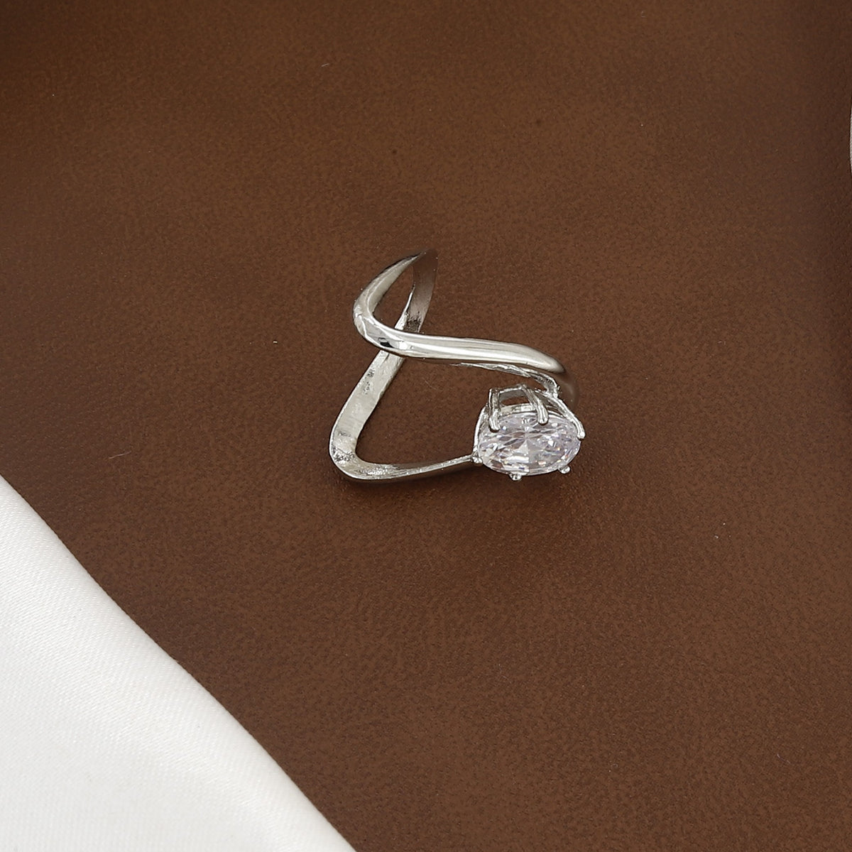 Silver Polished Oval Floating Diamond Wishbone Ring