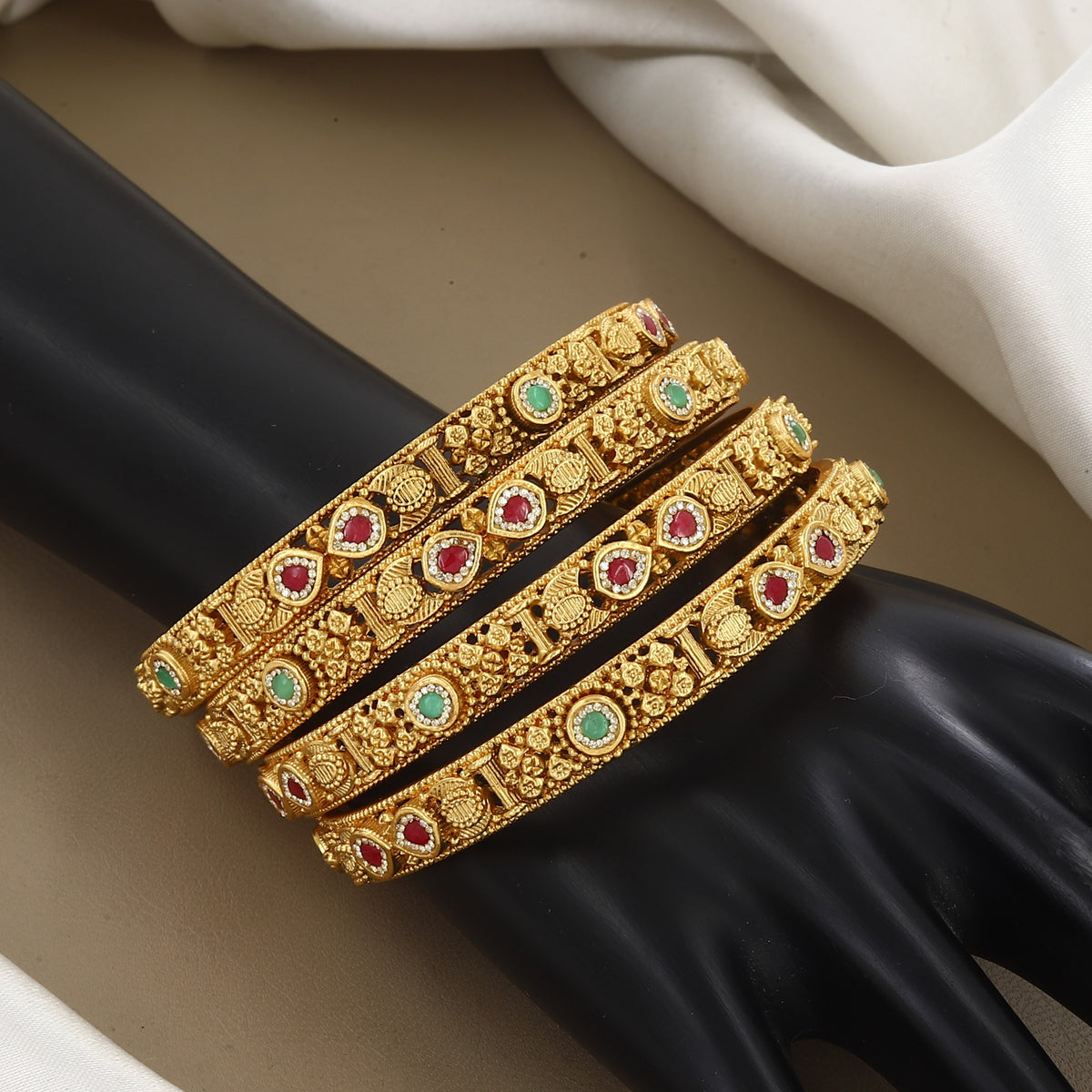 Traditional Gold-Plated Ruby & Emerald Stone Bangles