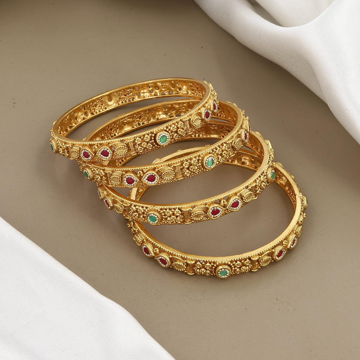 Traditional Gold-Plated Ruby & Emerald Stone Bangles