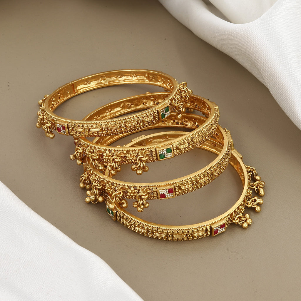 Designer Gold-Plated Bangle Set with Gemstones & Charms