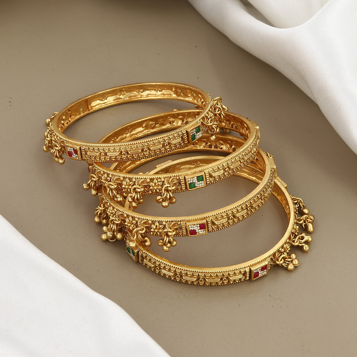 Designer Gold-Plated Bangle Set with Gemstones & Charms