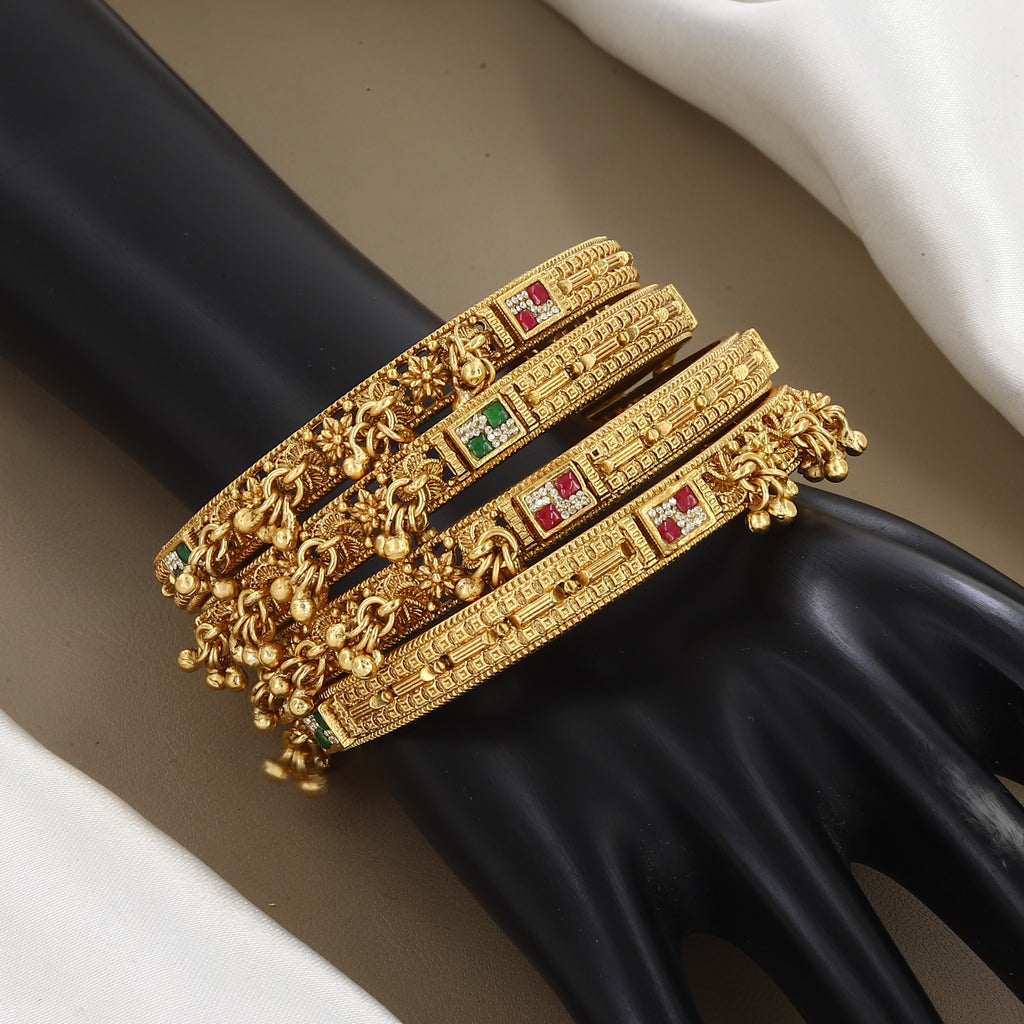 Designer Gold-Plated Bangle Set with Gemstones & Charms