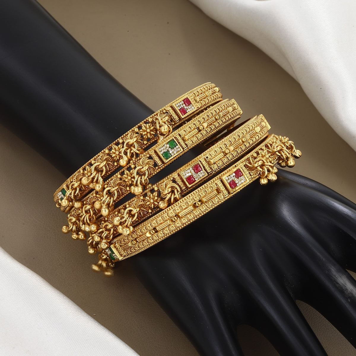Designer Gold-Plated Bangle Set with Gemstones & Charms