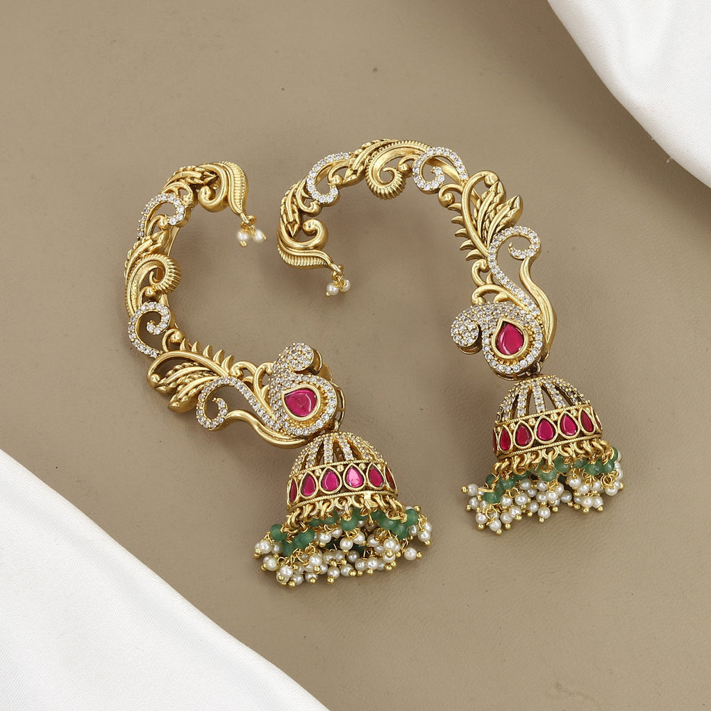 Antique Matte Gold Peacock Ear Cuff Jhumka with Ruby Stone
