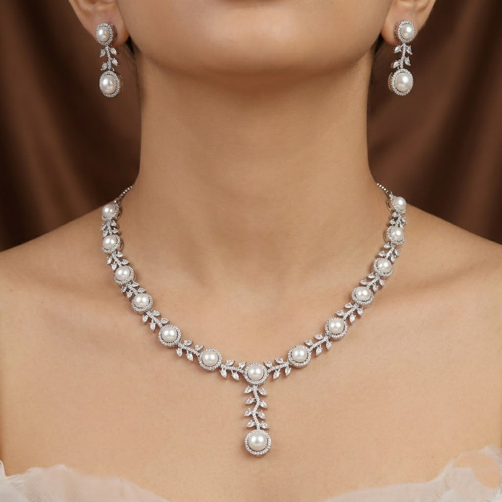 Silver Plated Pearl and CZ Necklace Set