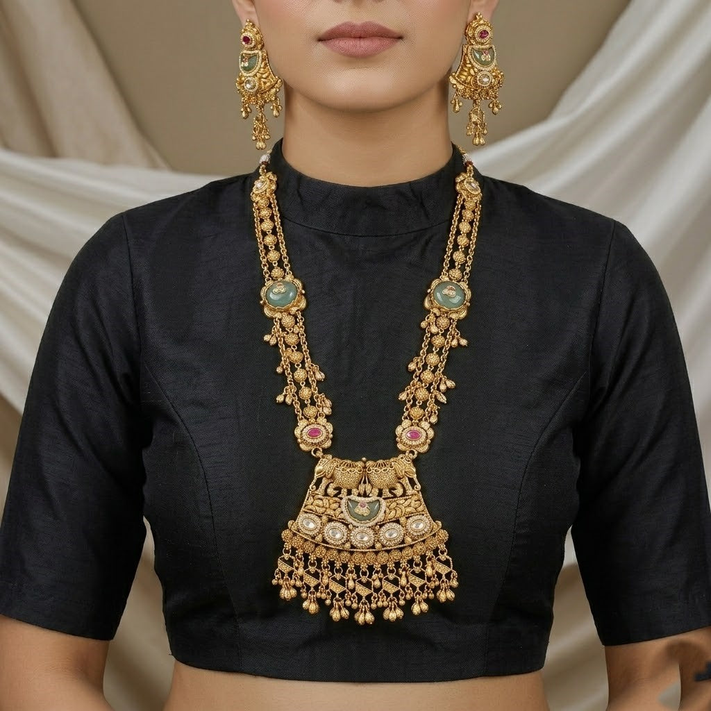 Grand Gold-Plated Meenakari & Jhumki Long Necklace Set