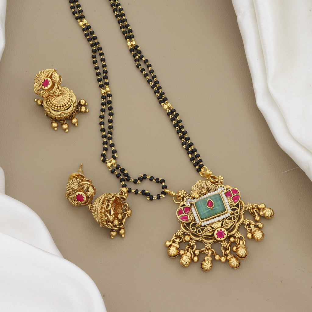 Square Green Stone Mangalsutra Set with Jhumka Earrings