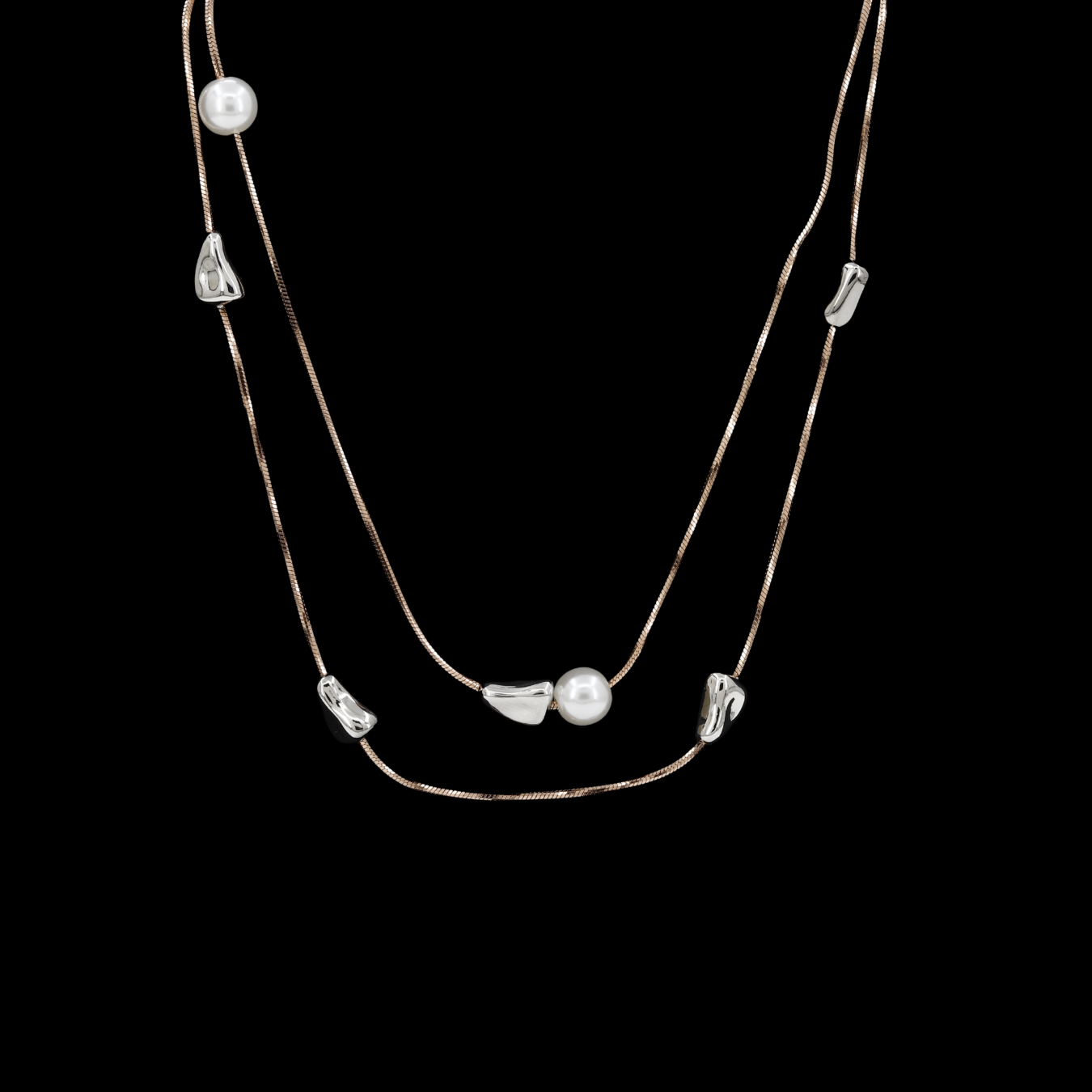 Layered Gold Snake Chain Necklace with Pearl & Silver Pebbles