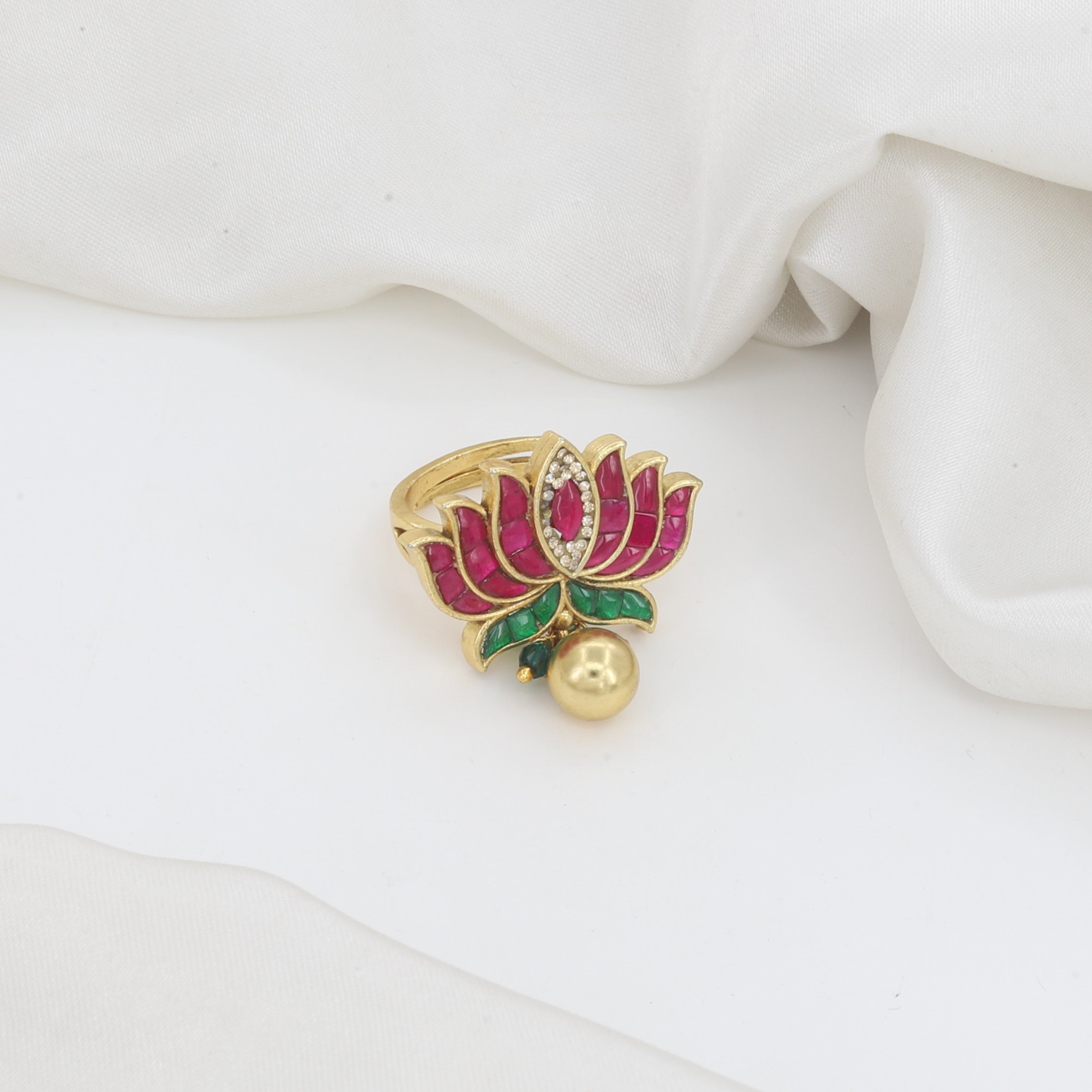 Gold Plated Lotus Motif Ring with Pink & Green Stones