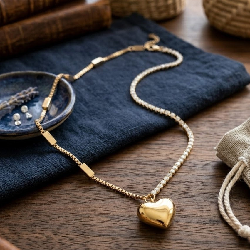 Half Tennis Chain Gold Puffy Heart Pendant Necklace