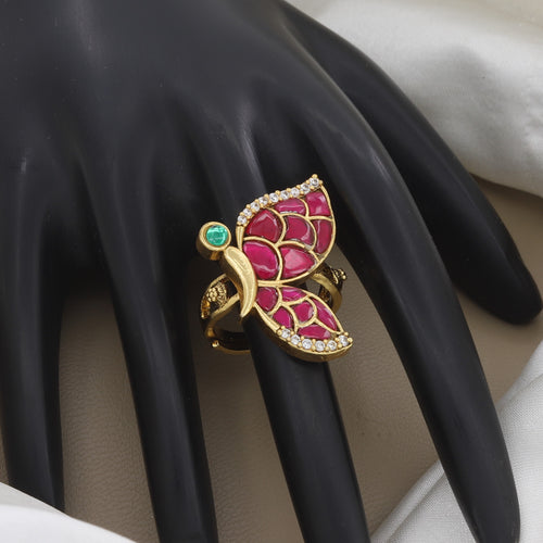 Antique Gold Butterfly Statement Ring with Pink & Green Stones