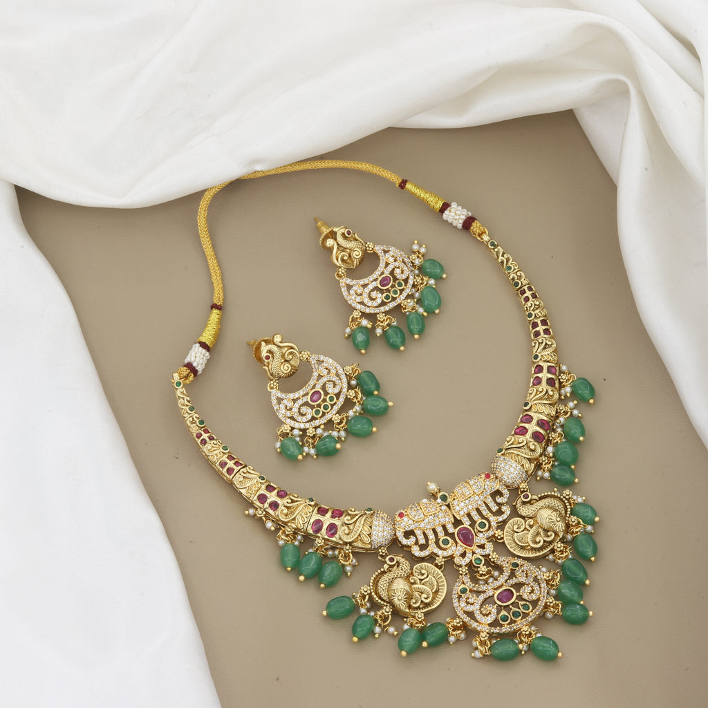 Antique Gold Peacock Necklace Set with Green Beads