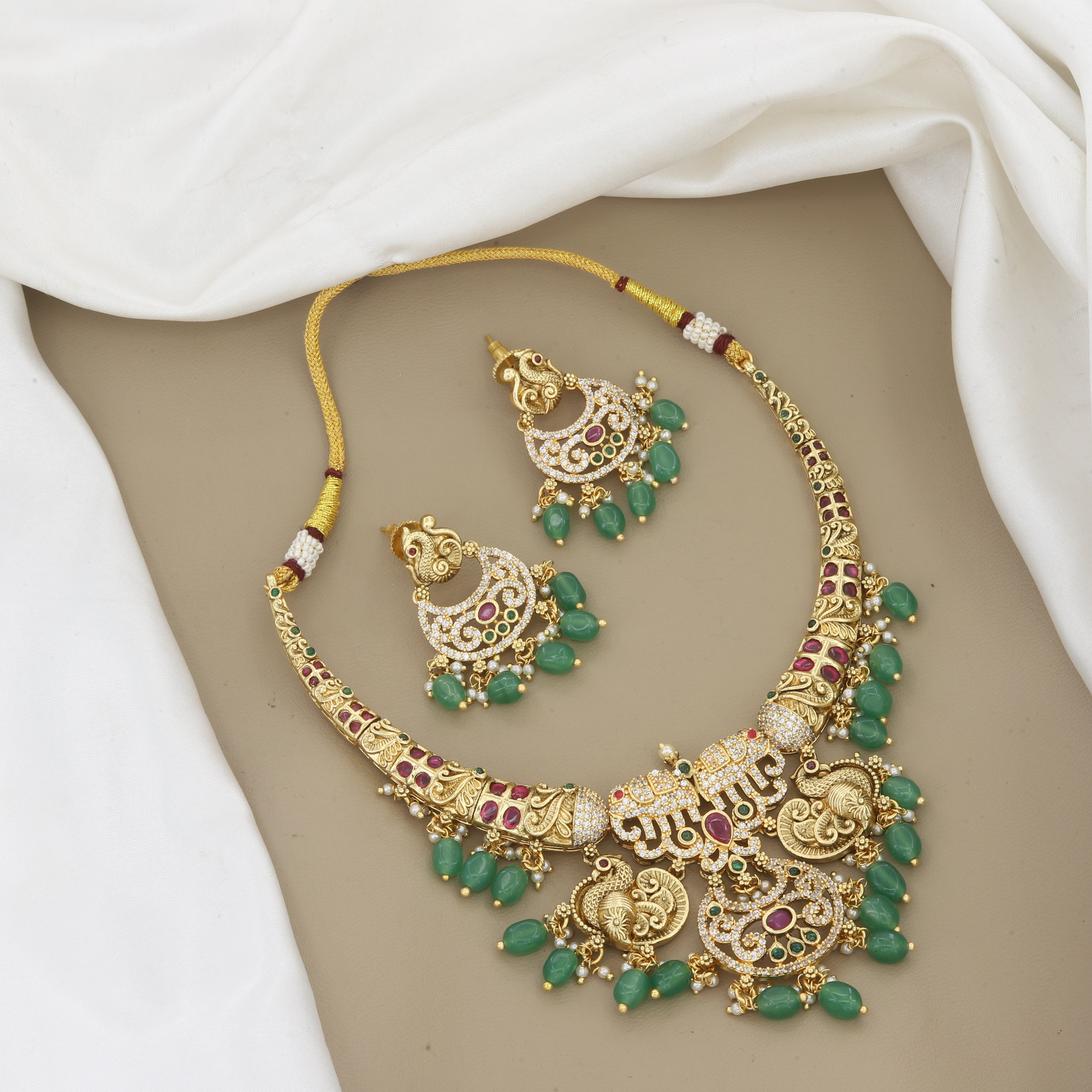 Antique Gold Peacock Necklace Set with Green Beads