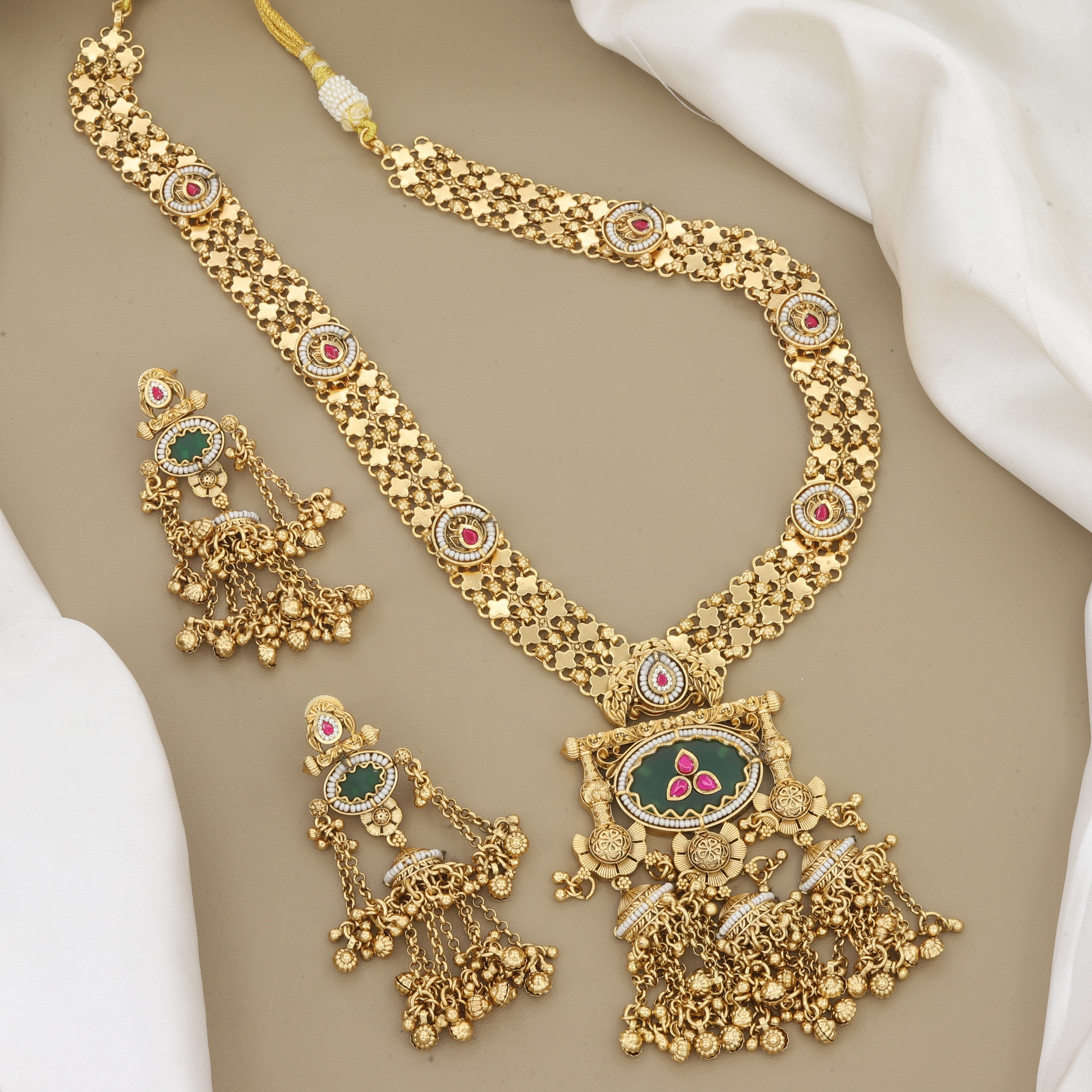 Antique Gold Toned Intricate Long Necklace Set