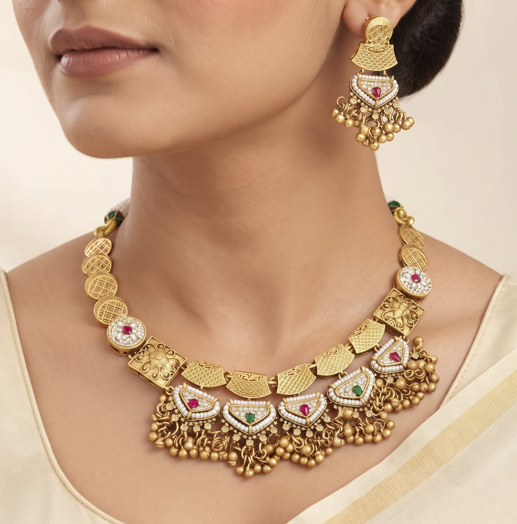 Traditional Gold-Plated Coin & Stone Choker Necklace Set