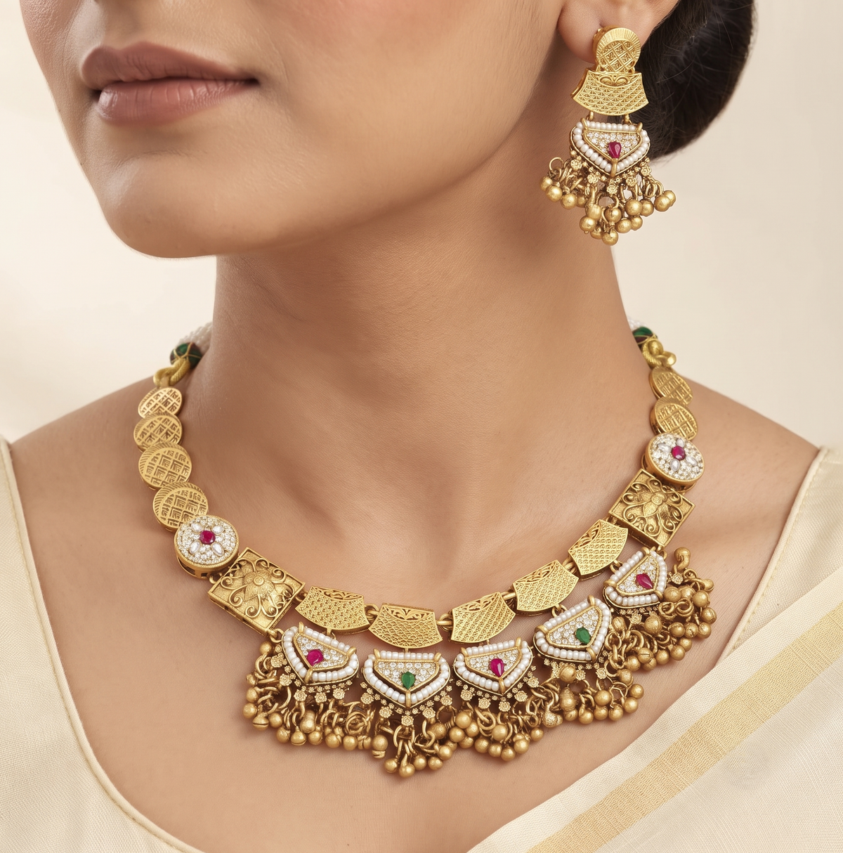 Traditional Gold-Plated Coin & Stone Choker Necklace Set