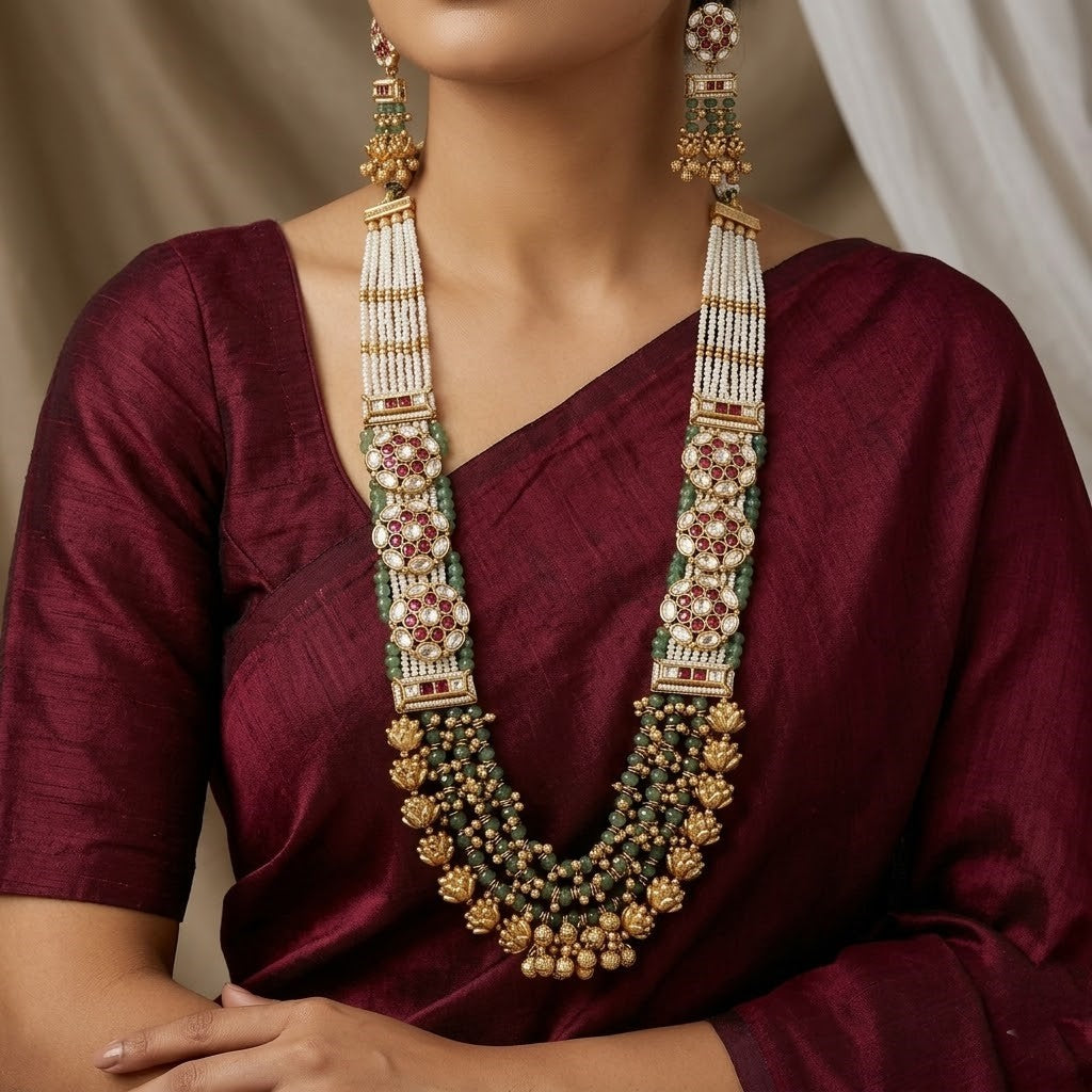 Vintage-Inspired Gold Toned Necklace Set with Ruby, Kundan, and Emerald-like Beads