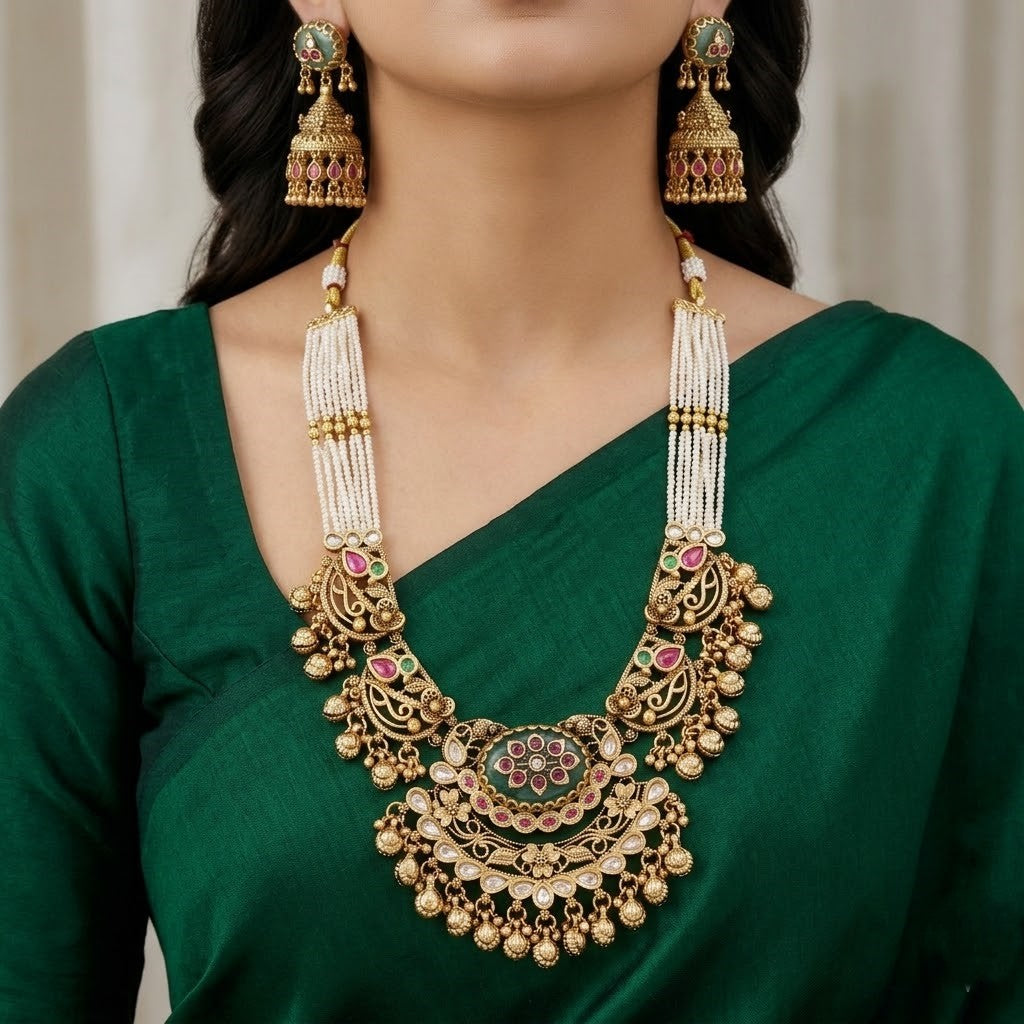 Ethnic Matte Gold Plated Necklace & Jhumka Earrings Set