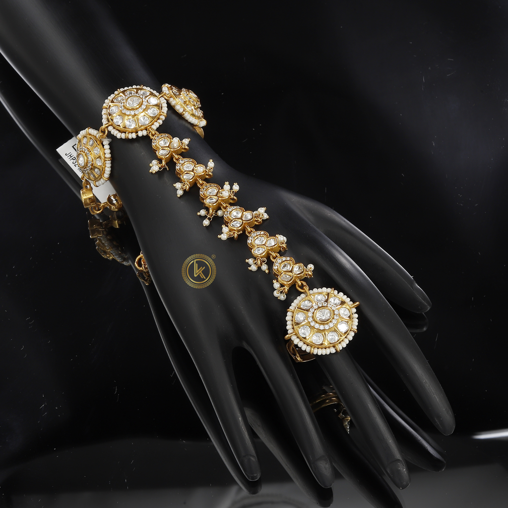 Traditional Gold Plated Hath Panja with Kundan & Pearls