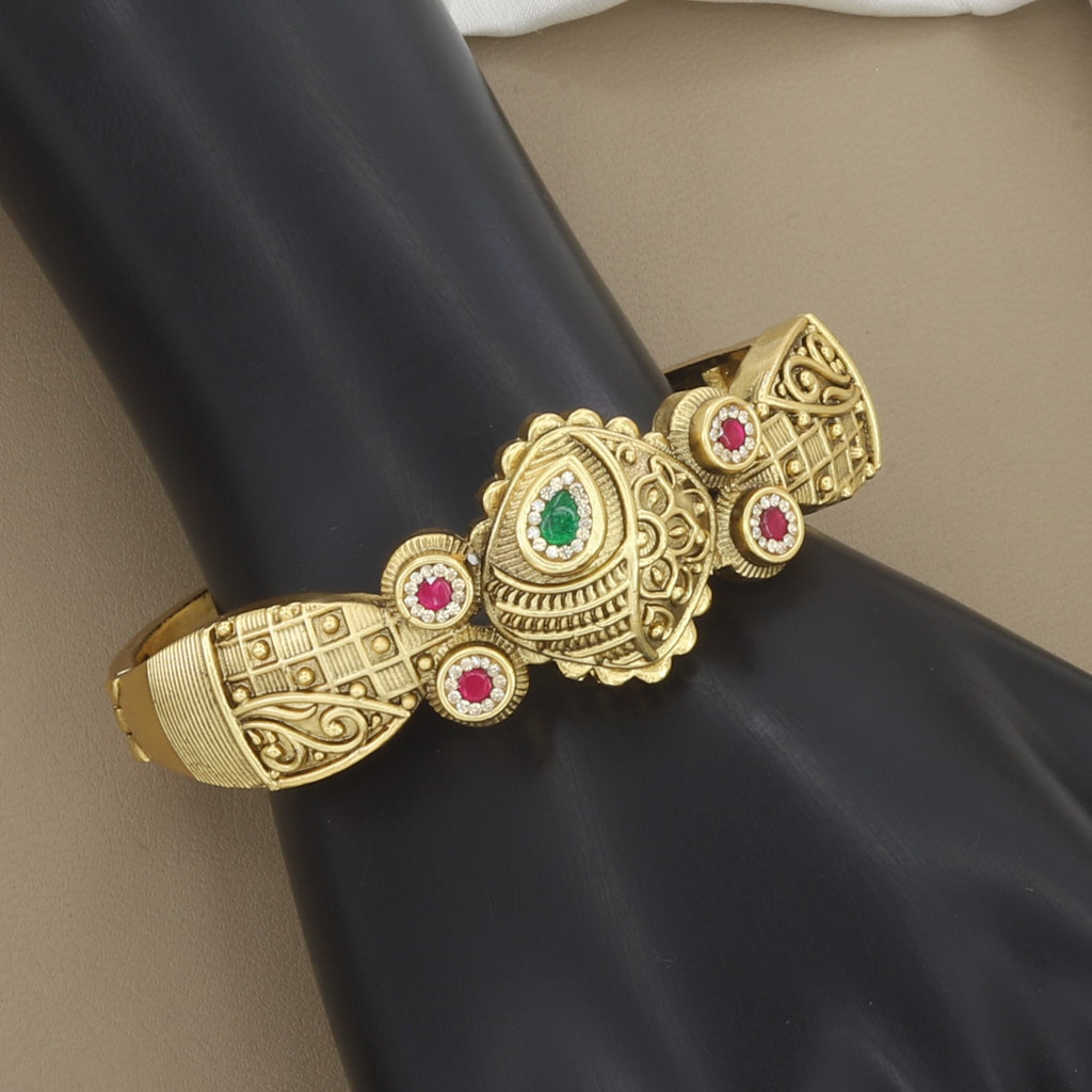 Openable Gold-Toned Bangle Bracelet with Red & Green Stones