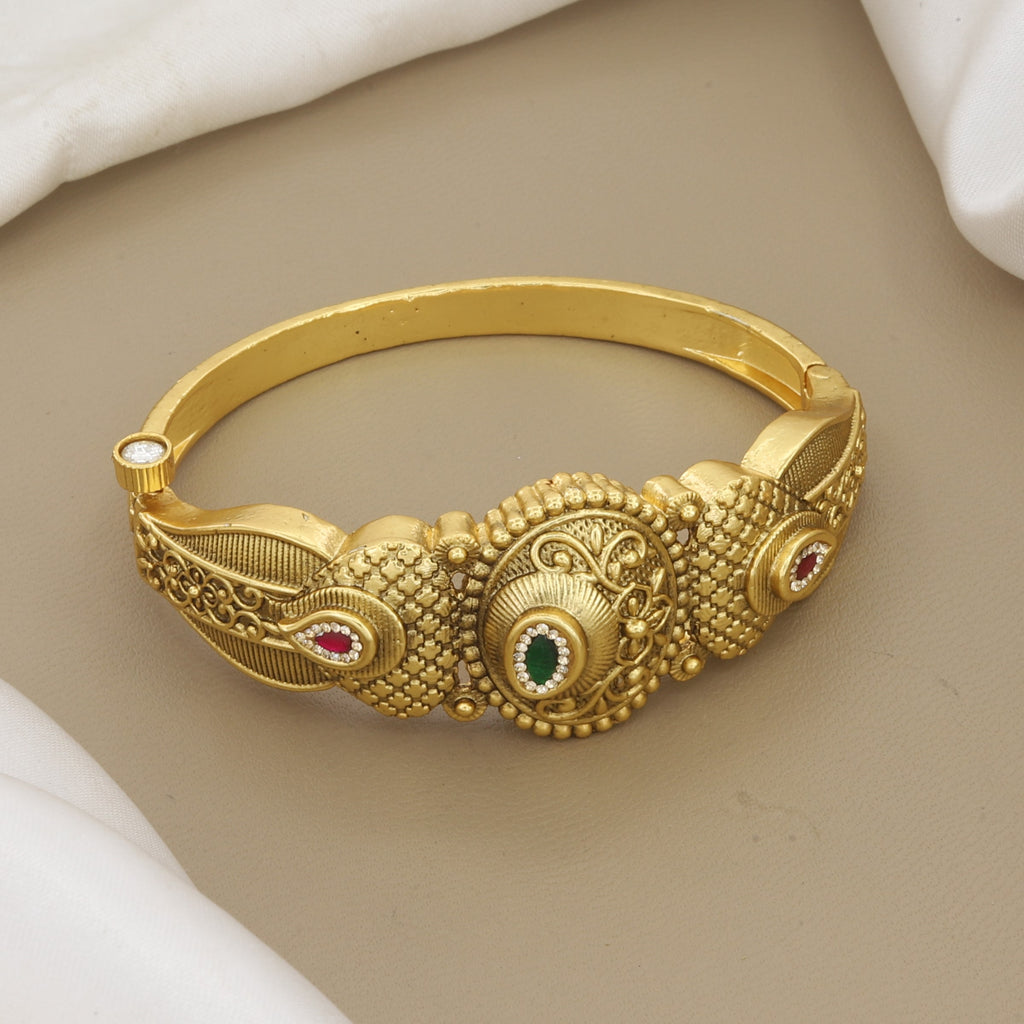 Antique Gold Kada Bangle with Red & Green Stones