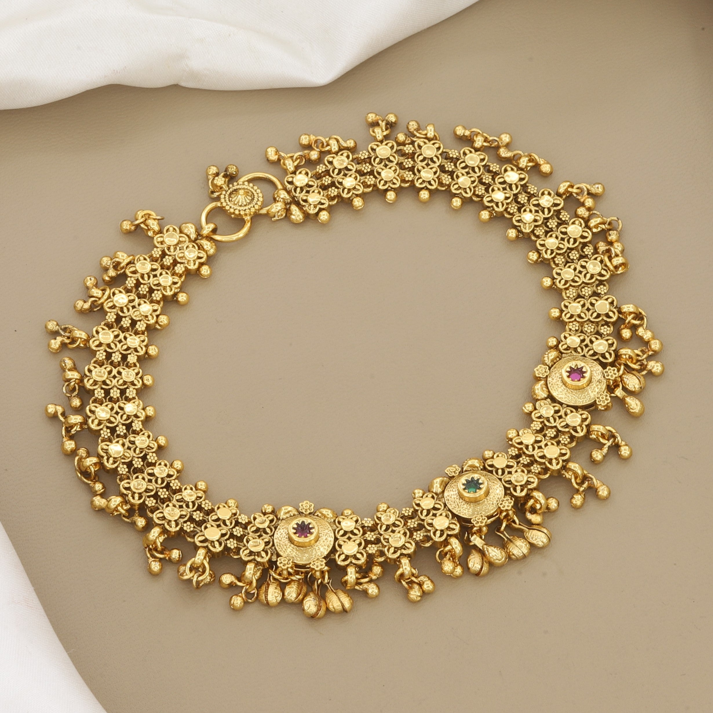 Intricate Antique Gold Plated Anklet with Stones & Bells