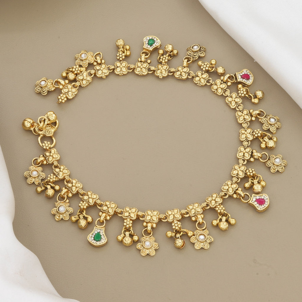 Pair of 2 Pieces Traditional Antique Gold Floral Anklet