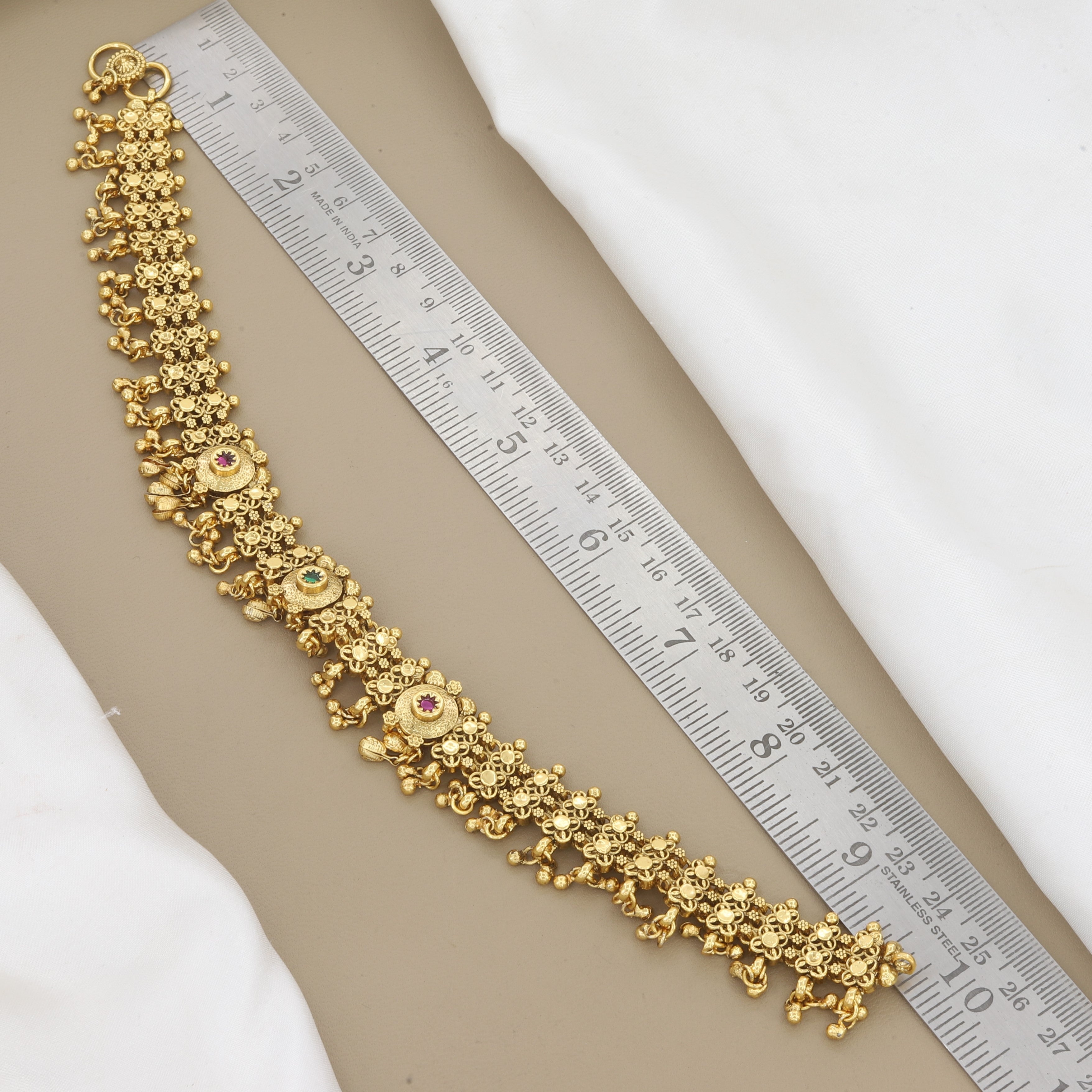 Intricate Antique Gold Plated Anklet with Stones & Bells