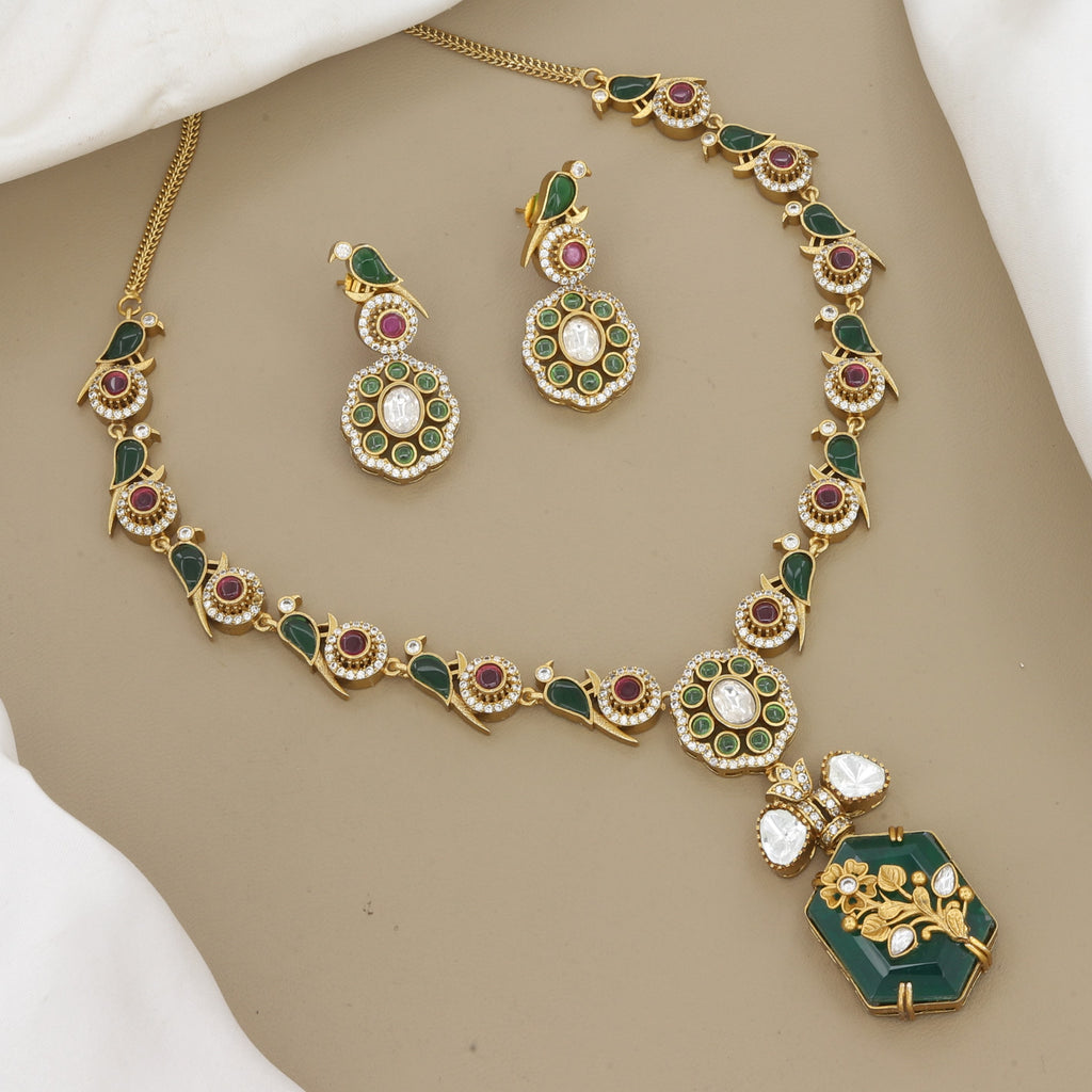 Traditional Jadau Parrot Motif Necklace & Earring Set