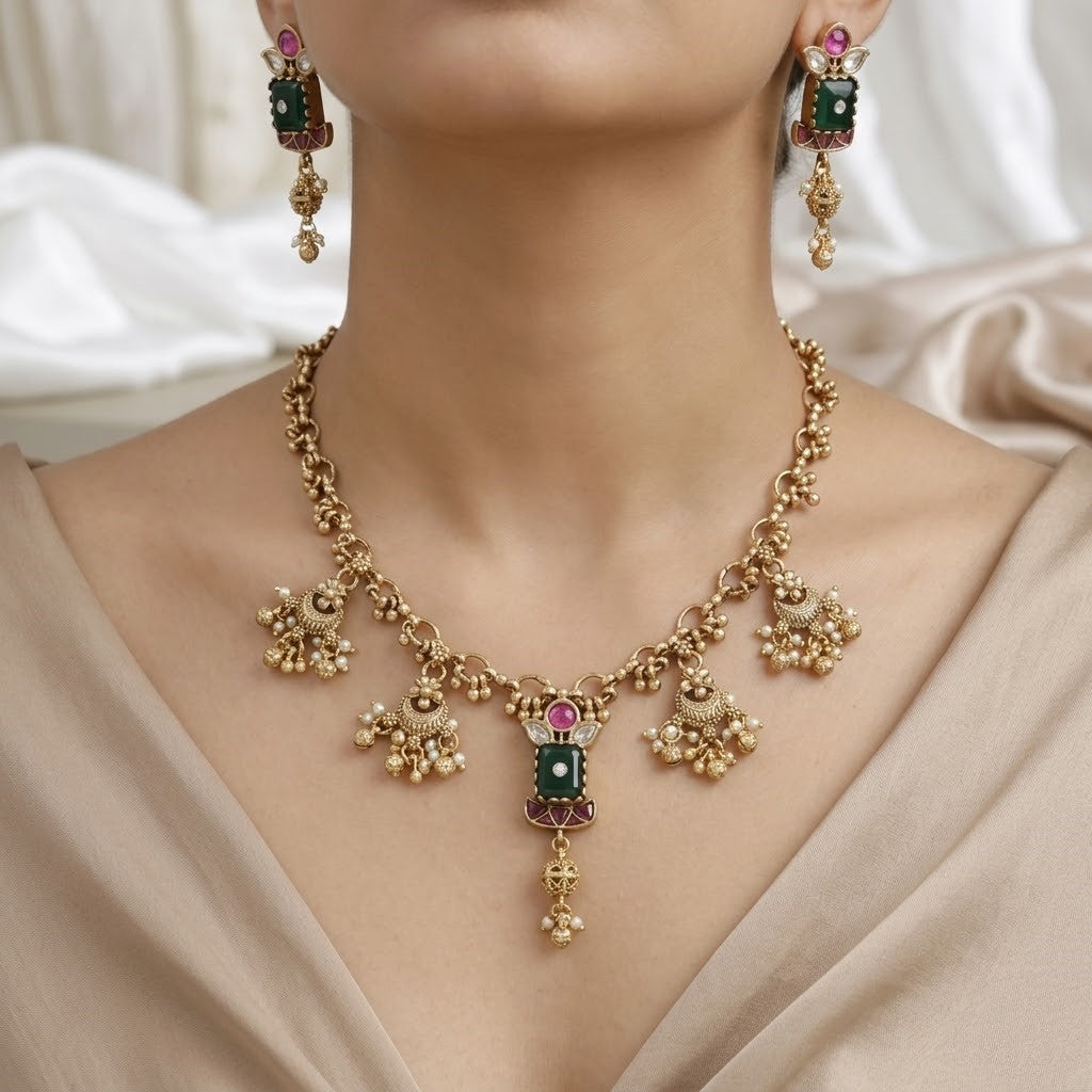 Antique Gold Minimalist Charm Necklace & Earring Set