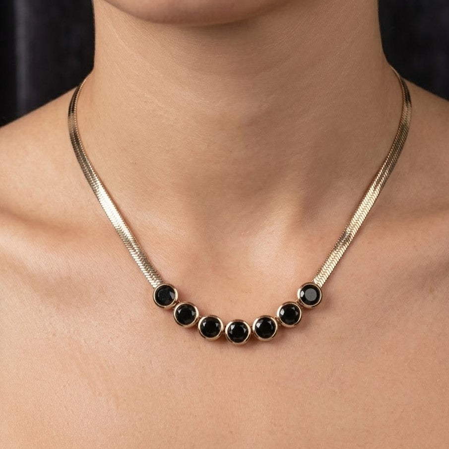 Elegant Gold & Black Bezel Stone Choker Necklace
