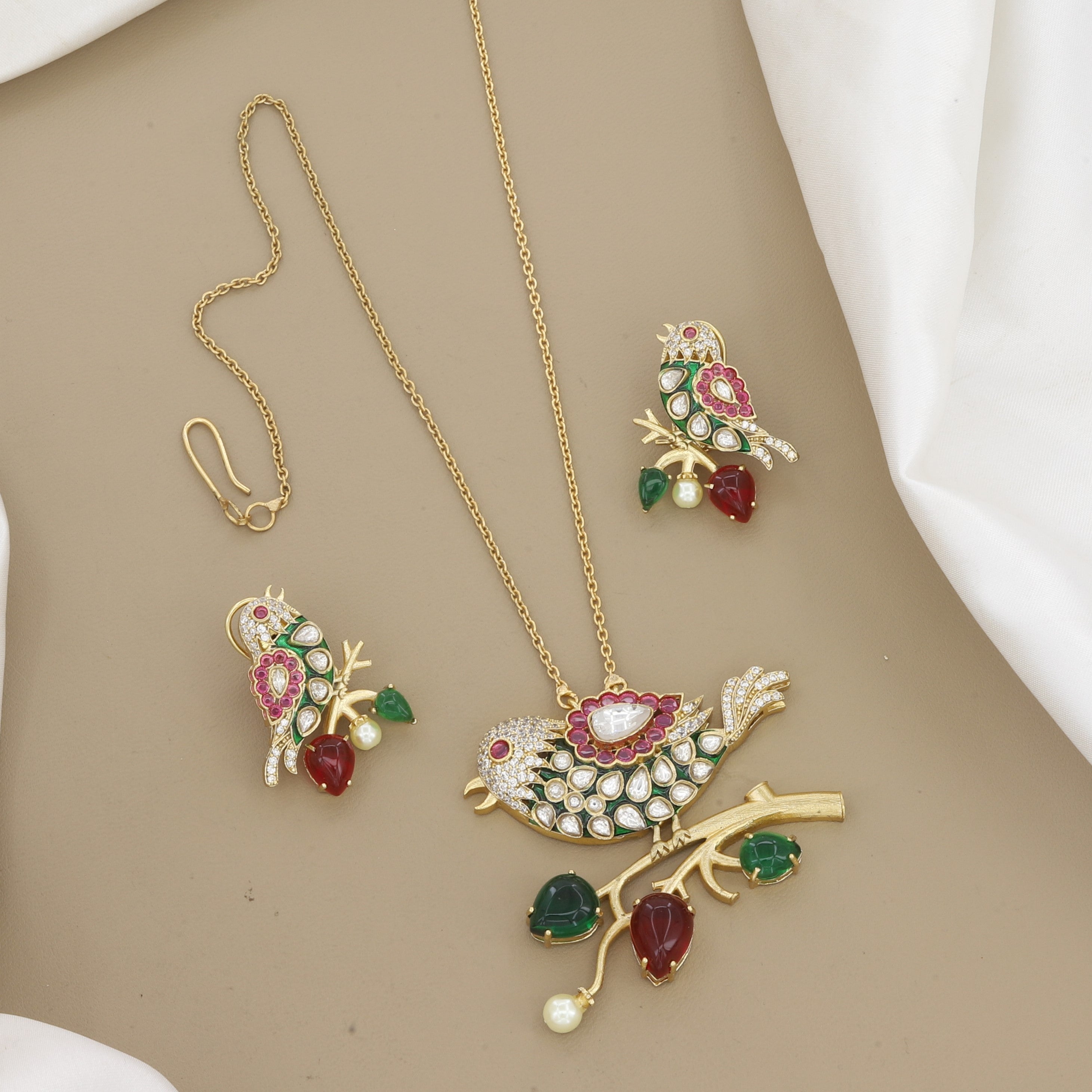 Nature-Inspired Meenakari Bird Pendant & Earring Set