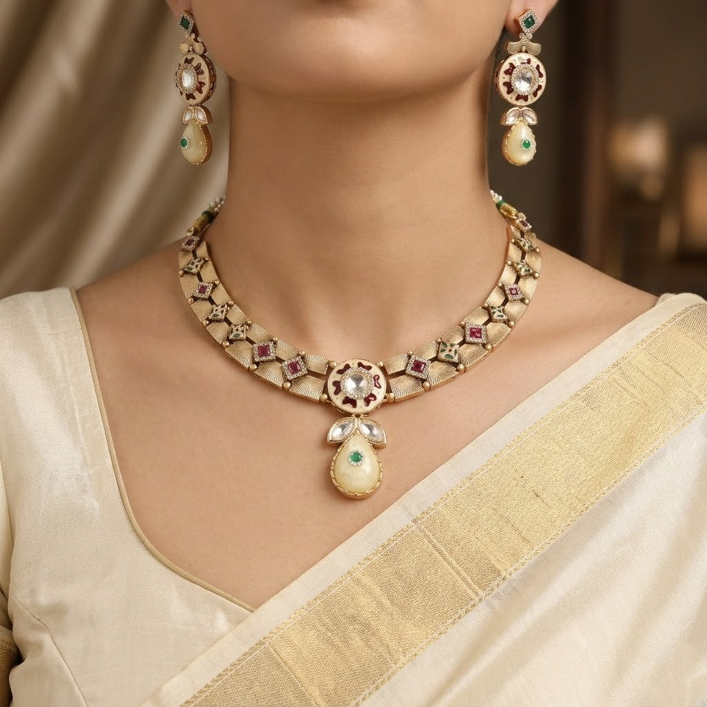 Matte Gold Polki Necklace Set with Meenakari Enamel & Cream Teardrop Accents